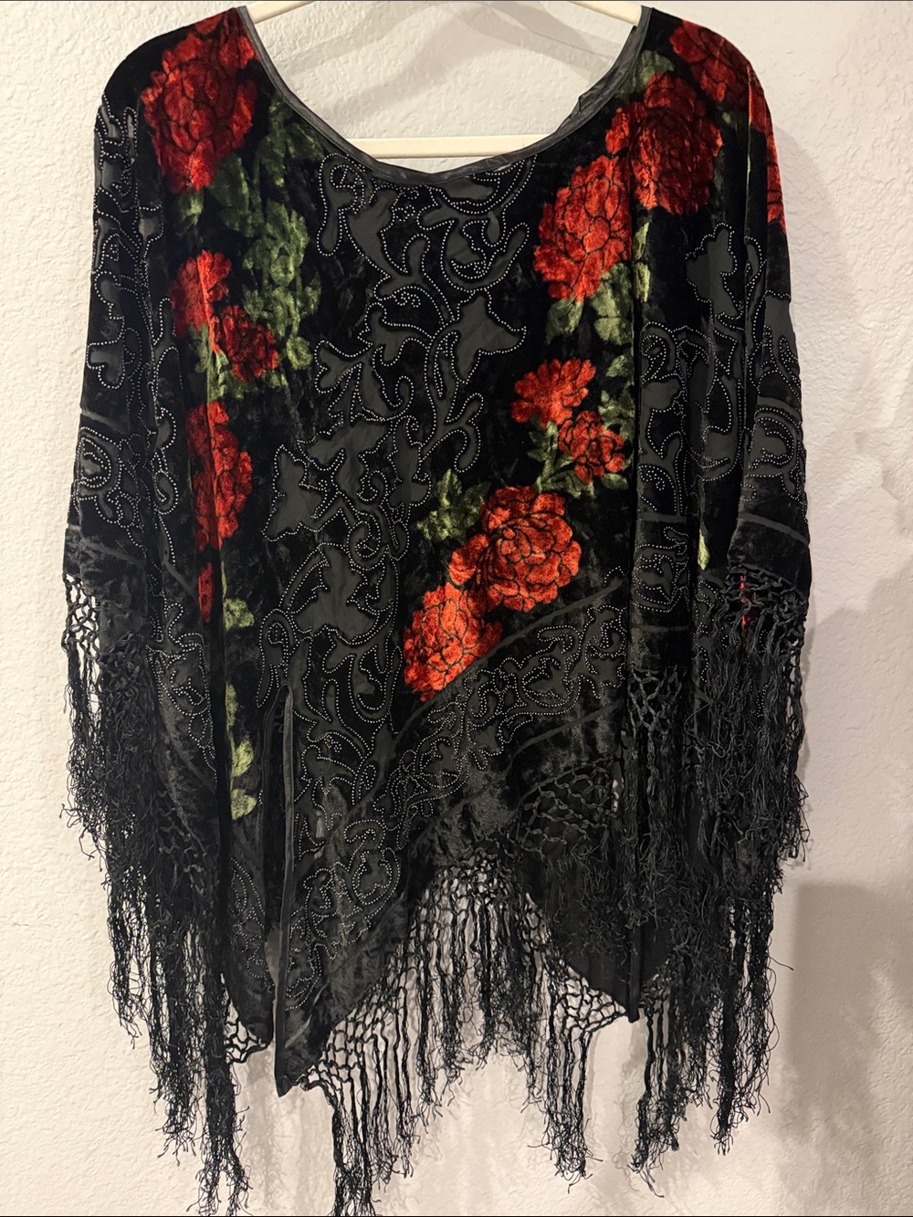 Black Velvet Floral Fringe Women's poncho- Red Rose Print vintage??